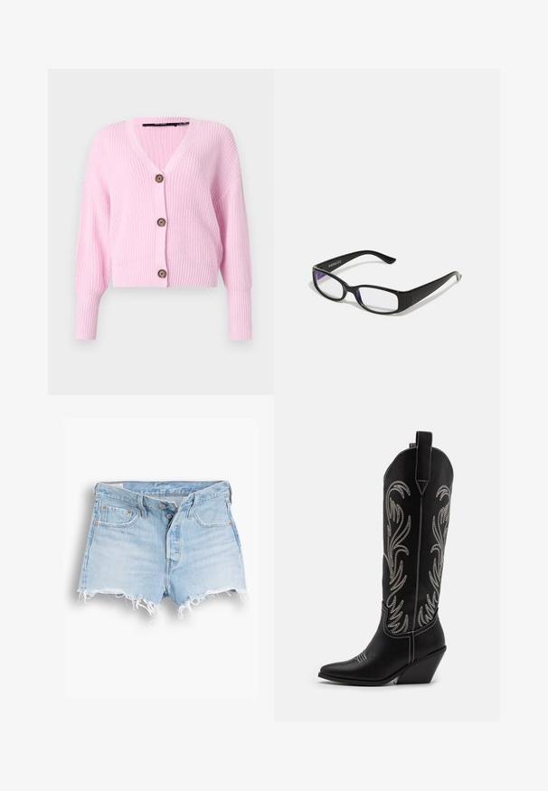 Różowy krótki kardigan wykonany z dzianiny, z dekoltem w kształcie V, długimi rękawami i czterema brązowymi guzikami z przodu. Teksturowane wykończenie.; Szara koszulka z krótkim rękawem o okrągłym dekolcie, wykonana z gładkiego, elastycznego materiału. Posiada dopasowany krój oraz subtelną logo.; Jasnoniebieskie szorty dżinsowe z wysokim stanem, postrzępionym dołem, pięcioma kieszeniami i kontrastowym przeszyciem. Dwa guziki przy zapięciu z przodu.; Czarne skórzane kowbojskie buty z wydłużonymi noskami, obcasem typu koturn oraz srebrnymi haftowanymi wzorami kwiatowymi wzdłuż cholewy. Kontrastowe szwy na całej długości.; Czarne prostokątne okulary z przezroczystymi soczewkami. Błyszczące wykończenie, wąskie ramiona i fioletowy odcień widoczny na krawędziach soczewek.