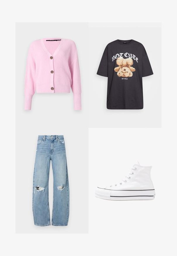 Rosa, cropped Strickjacke aus Strickstoff mit V-Ausschnitt, langen Ärmeln und vier braunen Knöpfen auf der Vorderseite. Strukturiertes Finish.; Schwarzes, übergroßes T-Shirt mit einem Grafikdruck eines Bären und dem Text "NICHT SÜß, SONDERN WILD" in fetter, weißer Schrift. Baumwollmaterial.; Helles, hochtailliertes Jeans aus Denim. Hat weit geschnittene Beine, zwei aufgerissene Kniebereiche und klassischen Fünf-Taschen-Stil.; Weiße hochwertige Leinensneaker mit schwarzer Gummisohle, vorderem Gummizehenschutz und sechs Ösen für Schnürsenkel, die ein sauberes, minimalistisches Design aufweisen.