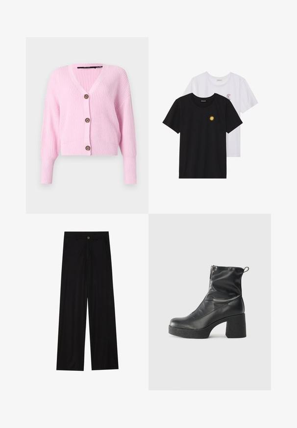 Růžový zkrácený kardigan vyrobený z pletené látky, s výstřihem do V, dlouhými rukávy a čtyřmi hnědými knoflíky vpředu. Texturovaný povrch.; Černé a bílé trička, kulatý výstřih, krátké rukávy. Černé tričko má žlutou výšivku slunce; bílé má fialový akcent měsíce v podobě půlměsíce.; Široké černé kalhoty vyrobené z hladkého materiálu, s předními kapsami a zapínáním na knoflík v pase. Minimalistický design bez vzorů.; Černé kotníkové boty vyrobené z hladké kůže, s bočním zipem, robustním strukturovaným podpatkem a kulatou špičkou.