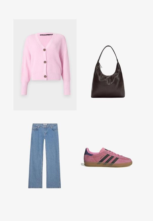 Roza skrajšani kardigan iz pletenine, ki ima V-izrez, dolge rokave in štiri rjave gumbe spredaj. Teksturirana površina.; Bela kratka majica s kratkimi rokavi iz bombaža. Ima okroglo izrezovanje in sproščen kroj. Gladka tekstura brez vidnih vzorcev ali poudarkov.; Svetlo modri široki traper hlače, izdelane iz denima, z zasnovo petih žepov, zapenjanjem na gumb in šivanim detajlom ob šivih in robovih.; Roza semišna tenisača z črnimi stripe, gumijastim podplatom in teksturiranim vijoličastim petnim delom. Ima vezalni dizajn in embosirano blagovno znamko na strani.; Rjav usnjen nahrbtnik z mehkobno, ohlapno zasnovo. Nahrbtnik ima širok trak in minimalistično obliko, ki jo dopolnjuje subtilna tekstura.