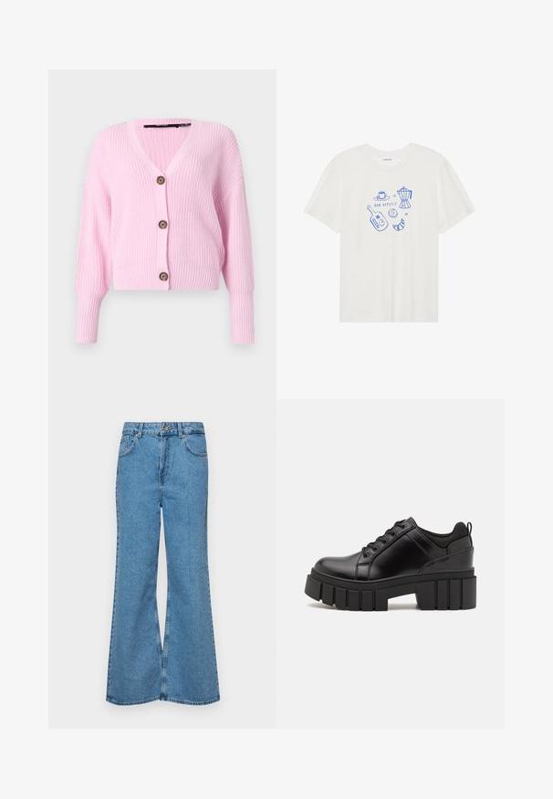 Rozā īsā kardigāna no adīta auduma, ar V veida kakla izgriezumu, garām piedurknēm un četriem brūniem pogām priekšpusē. Teksturēta virsma.; Even&Odd Apdrukāts T-krekls - egret; Gaiši zili, platā piegriezuma džinsi, kas izgatavoti no denima, ar augstu jostasvietu, piecām kabatām un vienu pogu. Mīksta tekstūra ar nolietotu apdari.; Melnas ādas platformas kurpes ar masīvu bloku papēdi, apaļu purngalu un tradicionālu saistīšanas dizainu. Izceļas ar gludu tekstūru un minimālu apdari.