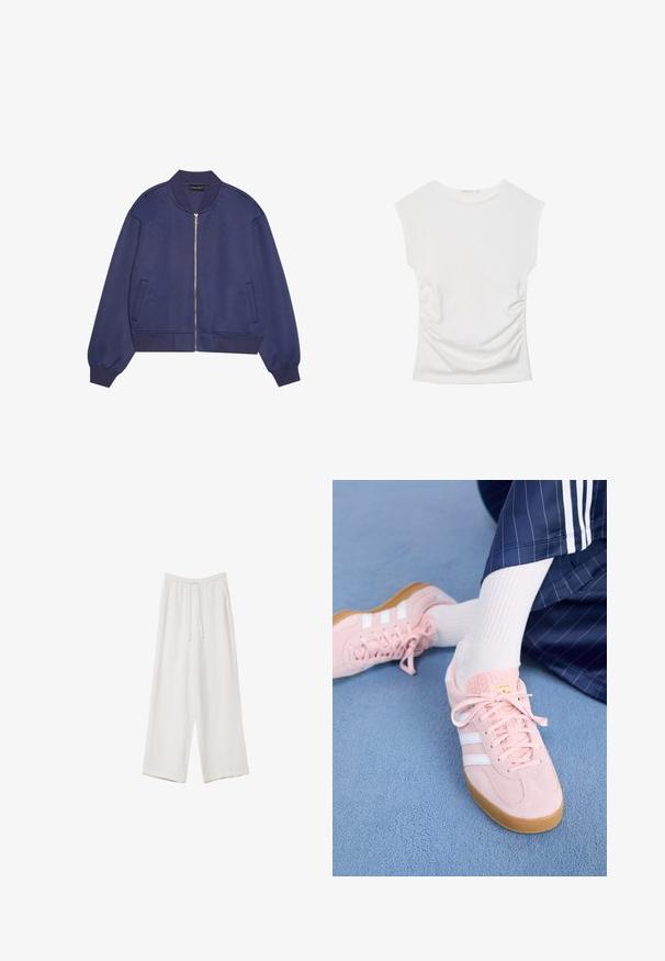 Giubbotto bomber navy con zip frontale, polsini e vita a costine. Tessuto morbido con una superficie liscia. Tasche laterali integrate nel design.; Top bianco senza maniche con scollo rotondo e leggero arricciatura laterale, mostrato disteso su uno sfondo bianco.; Pantaloni a gamba larga bianchi realizzati in un tessuto leggero. Presentano una vita elastica con cordoncino e tasche laterali. Texture liscia.; Sneakers in suede rosa chiaro con strisce e lacci bianchi, dotati di una linguetta testurizzata e di una suola in gomma, posizionati su un tappeto blu.