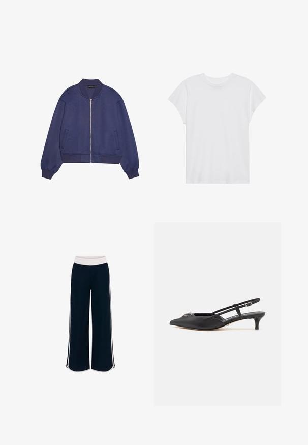 Marineblå bomberjacka med dragkedja framtill, ribbade mudd och midja. Mjukt tyg med en slät struktur. Sidofickor är integrerade i designen.; Vit kortärmad t-shirt med rund halsringning, avslappnad passform, tillverkad av mjukt bomullstyg. Slät textur, inga mönster eller logotyper.; Sjöblå vida byxor med vit elastisk midja och kontrasterande sidostrecker. Slät textur med avslappnad passform och sidsslitser vid fållen.; Svarta slingback-skor med spetsig tå, tillverkade av ett slätt material, med en liten klack och en dekorativ silverdetalj på framfoten.