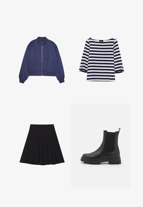 Jachetă bomber de marină cu fermoar pe față, manșete și talie ribbate. Material moale cu o textură netedă. Buzunare laterale integrate în design.; Bluză cu mâneci lungi, dungată în navy și alb, cu decolteu tip bărci și accente cu nasturi aurii pe mânecile răsucite. Material moale, croială lejeră.; Fustă plisată neagră dintr-un material texturat, cu un elastic ajustat. Se termină la nivelul genunchiului, având o siluetă netedă și curată.; Cizmă de gleznă din piele neagră, cu panouri laterale elastice, vârf rotunjit și talpă din cauciuc texturat. Dispune de o buclă în spate pentru o purtare ușoară.