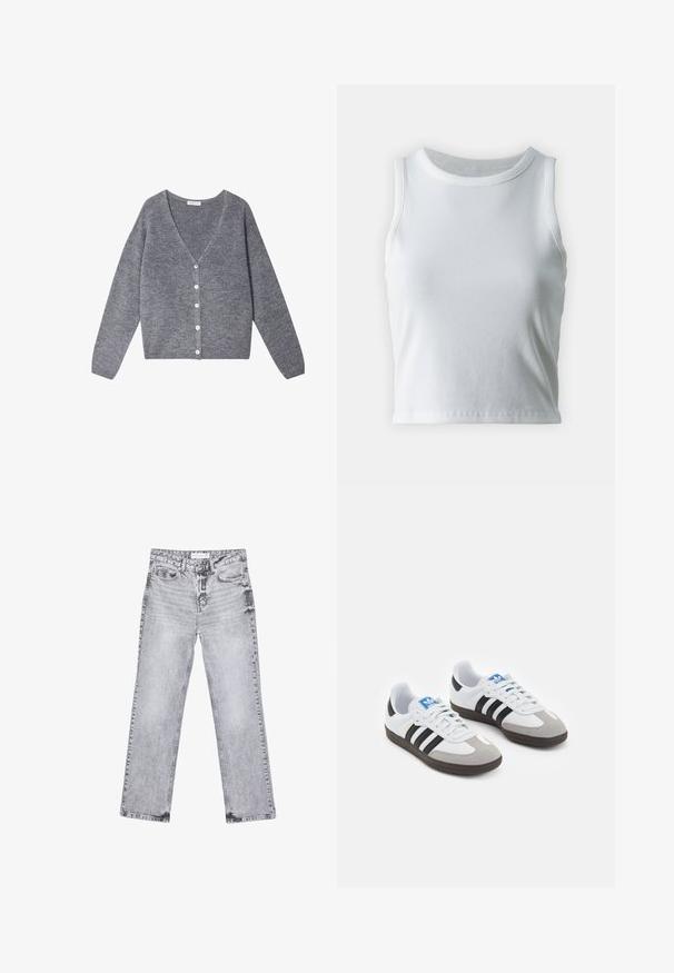 Grauer Cardigan aus weichem, strukturiertem Stoff. Verfügt über einen tiefen V-Ausschnitt, lange Ärmel und sechs weiße Knöpfe auf der Vorderseite.; Weißes, geripptes Tanktop mit runder Ausschnittform und ärmellosem Design, ausgestattet mit einem geraden Saum und einer glatten, dehnbaren Textur.; Graue Jeans aus Denim mit geradem Bein, mit Used-Effekten, fünf Taschen und kupferfarbenen Nieten. Der Bund verfügt über ein Logoshirt.; Sportschuhe mit einem Obermaterial aus weißem Leder, grauer Wildleder-Zehenkappe und drei schwarzen Streifen. Sie verfügen über ein blaues Logo auf der Zunge und eine strukturierte Gummisohle.
