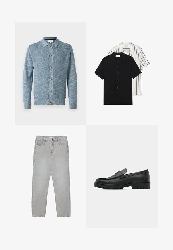 Cardigan lavorato a maglia di colore azzurro chiaro con un motivo testurizzato, dotato di chiusura con bottoni e bottoni in legno, maniche lunghe e colletto classico.; Due camicie a manica corta: una nera uniforme, l'altra bianca con strisce verticali nere. Entrambe presentano chiusure a bottoni e un colletto classico.; Pantaloni in denim grigio chiaro con design a gamba dritta, stile a cinque tasche e chiusura con bottone. Cuciture visibili lungo le cuciture.; Mocassini in pelle nera con punta rotonda, caratterizzati da un design cucito, suola piatta bassa e un battistrada in gomma testurizzata e scolpita.