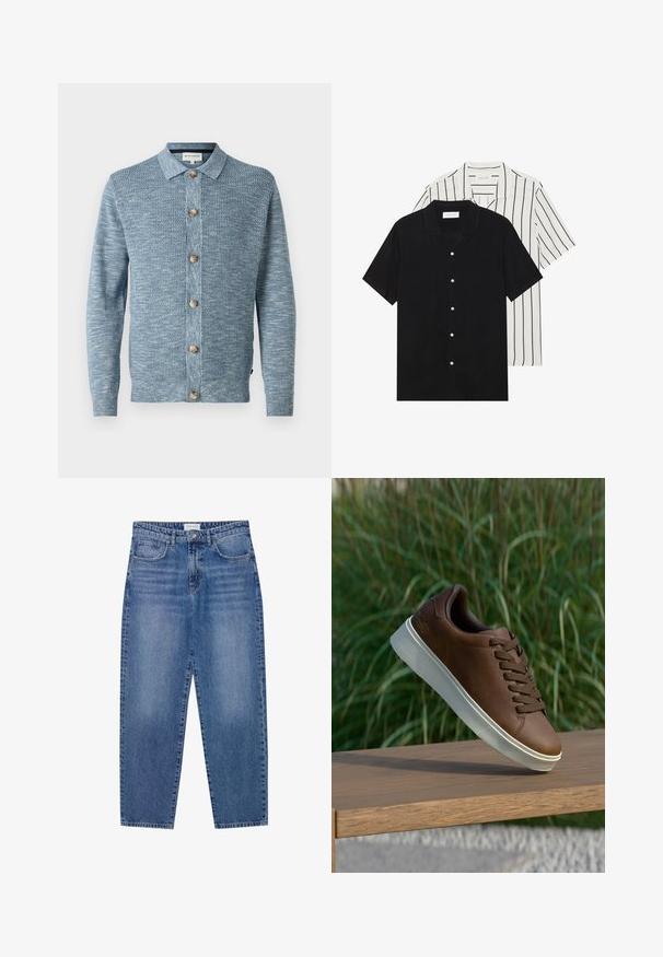 Hele sinine kudumiskardigan, millel on tekstuuriga muster, nupuga eesmine külg ja puidust nupud, pikad varrukad ja klassikaline krae.; Kaks lühikeste varrukatega särki: üks ühtlane must, teine valge mustade vertikaalsete triipudega. Mõlemal on nööbiga kinnitamine ja klassikaline krae.; Sinine denimpüksid kõrge vöökoht, sirge jala disain ja kulunud viimistlus. Omab viit taskut ja nööbikinnitust.; Pruun nahast tenniseking valge kummist tallaga, ümar varvas ja pruunid laced. Talla tekstuuriline haardepind ja ülemise sile pind.