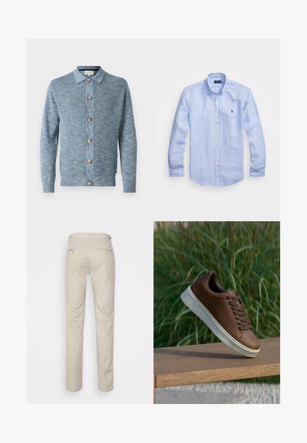 Hele sinine kudumiskardigan, millel on tekstuuriga muster, nupuga eesmine külg ja puidust nupud, pikad varrukad ja klassikaline krae.; Sinine ja valge triibuline pikkade varrukatega särk, mis on valmistatud puuvillast, ning millel on nööbitav krae, esi-nööbid ja väikese tikandiga logo rinnal.; Bež püksid siledas tekstuuris, sirge lõikega, kahe nööpidega tagataskuga ja tavalise vöökohaga.; Pruun nahast tenniseking valge kummist tallaga, ümar varvas ja pruunid laced. Talla tekstuuriline haardepind ja ülemise sile pind.