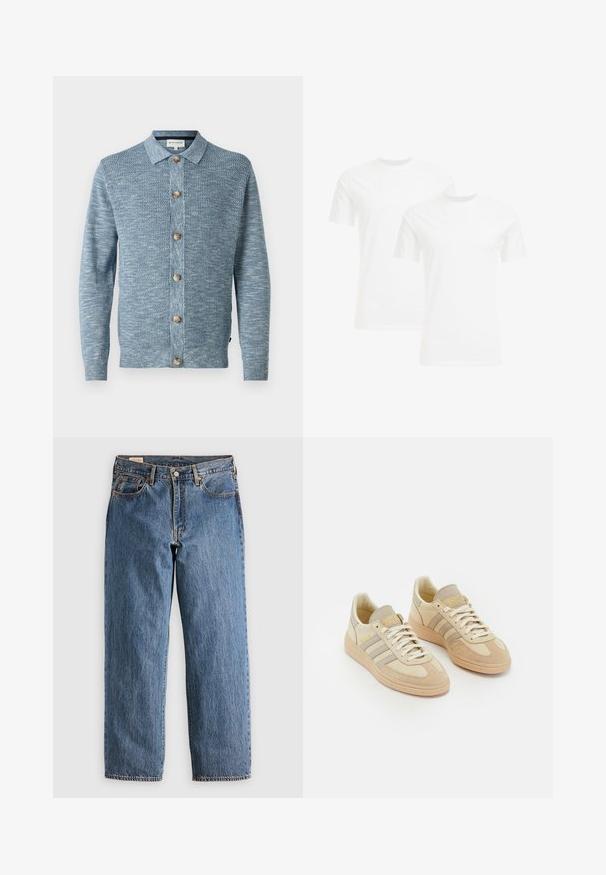 Vaaleansininen neulottu neuletakki, jossa on teksturoitu kuvio, napitettava etuosa, puunappilukitus, pitkät hihat ja klassinen kaulus.; Kaksi valkoista puuvillapaitaa, joissa on lyhyet hihat ja pyöreä kaula-aukko, tasaisella pinnalla ja yksinkertaisella muotoilulla, pinottuna pystysuoraan.; Sinivärvilised denim teksad sirge lõikega, kõrgema vöökohtaga, vasknööbid ja oranž õmblus. Esipocketid ja tagapocketid on kaasatud.; Vaaleanbeige lenkkarit, joissa on mokkaa ja kangasta, kolmen harmaan raidan, tekstuuroituja yksityiskohtia ja vaaleanruskea kumipohja. Kenkien nauhat ovat valkoiset.