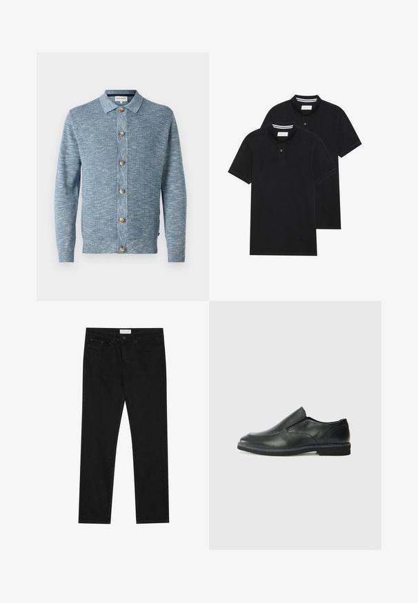 Lyseblå strikket cardigan med et teksturert mønster, med knappelukking foran og trekknapper, lange ermer og klassisk krage.; To svarte polo skjorter, kortermet, i bomullsmateriale, med krage i klassisk stil, to-knapps knappestolpe, og hvite striper inni kragen.; Svarte jeans med rette ben, fem lommer, knapp og glidelås-lukking, og et Pier One-merkelapp på midjen.; Sorte skinn slip-on sko med en jevn overflate, stikking detaljer, rund tå og en lav gummihæl. Sålen har minimal mønstring.