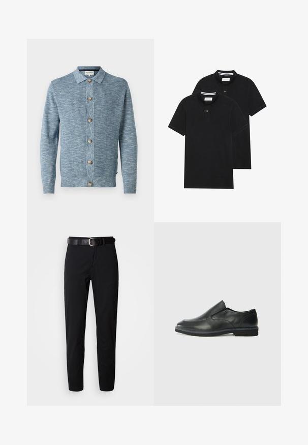 Lyseblå strikket cardigan med et struktureret mønster, med knaplukning foran og træknapper, lange ærmer og klassisk krave.; To sorte polo T-shirts, kortærmede, lavet af bomuldsstof, med en klassisk krave, to-knaps placket og hvide stribede detaljer indeni kraven.; Sorte bukser med lige snit, der har en glat tekstur og et sort læderbælte med en sølvspænde. Enkel design, ingen mønstre eller accenter.; Sorte læder slip-on sko med en glat overdel, syede detaljer, rund tå og en lav gummihæl. Sålen har minimal profil.
