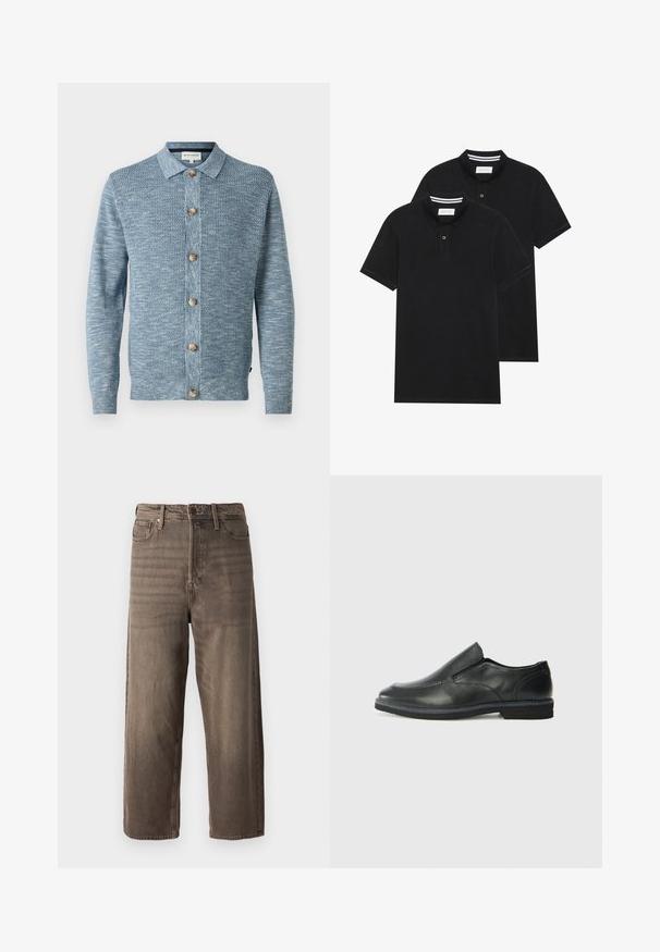 Světle modrý pletený cardigan se strukturovaným vzorem, s knoflíkovou přední částí a dřevěnými knoflíky, dlouhými rukávy a klasickým límečkem.; Dvě černé polokošile s krátkým rukávem z bavlny, s klasickým límcem, dvouknoflíkovou légou a bílými pruhovanými akcenty uvnitř límce.; Hnědé široké džíny vyrobené z denimu. Mají zip, poutka na opasek a pět kapes. Látka má vybledlý, texturovaný vzhled.; Černá kožená nazouvací bota s hladkým svrškem, prošívanými detaily, zaoblenou špičkou a nízkým gumovým podpatkem. Podešev má minimální vzorek.