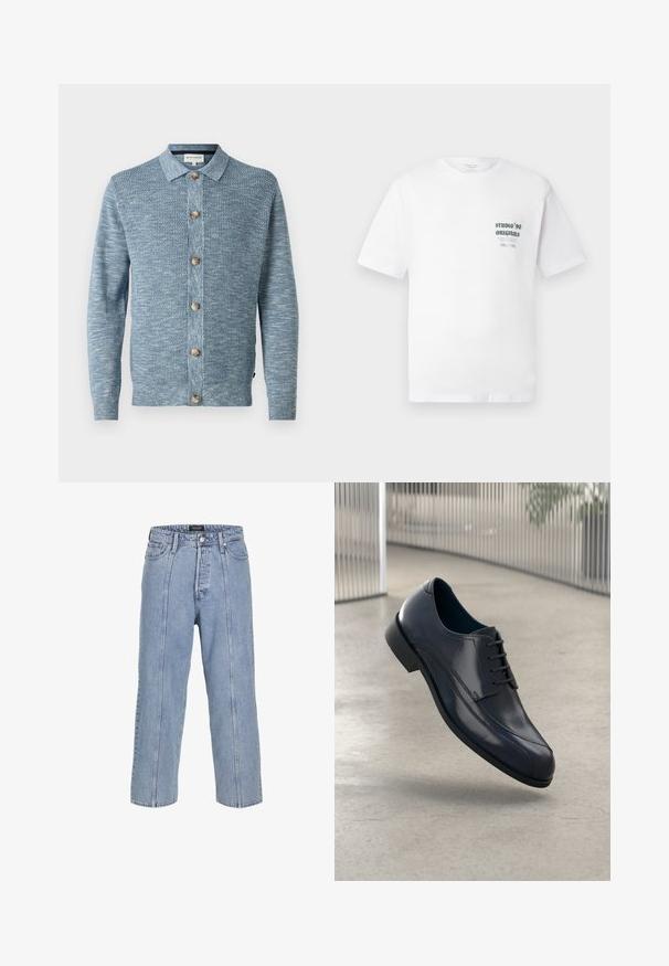 Cardigan en tricot bleu clair avec un motif texturé, doté d'une fermeture à boutons à l'avant et de boutons en bois, avec des manches longues et un col classique.; T-shirt blanc à manches courtes avec un petit texte noir "Studio '90 Originals" et un texte supplémentaire plus petit sur la poitrine gauche.; Jean en denim bleu clair avec une coupe ample, des jambes larges et des détails de couture visibles. Il dispose d'une fermeture à bouton et zip, ainsi que de cinq poches.; Souliers habillés en cuir noir brillant avec des lacets, flottant au-dessus d'un sol lisse gris clair et de barres métalliques verticales en arrière-plan.