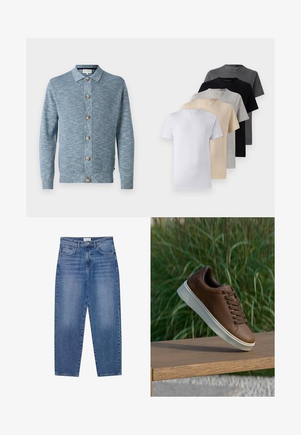 Gaiši zils adīts kardigans ar teksturētu rakstu, aprīkots ar pogām priekšpusē un koka pogām, garām piedurknēm un klasisku apkakli.; Piecu īsām piedurknēm T-kreklu komplekts baltā, bēšā, gaiši pelēkā, tumši pelēkā un melnā krāsā. Izgatavoti no gludas kokvilnas, ar apaļu kakla izgriezumu.; Zili džinsi ar augstu jostasvietu, taisnu kāju dizainu un izbalējušu apdari. Iespļautas piecas kabatas un pogas aizdare.; Brūni ādas tenisi ar baltu gumijas zoli, noapaļota purngala un brūniem šņorēm. Zoles teksturētā saķere un gluda virsma augšdaļā.