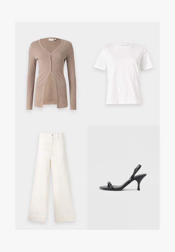 Beige ribbed cardigan with long sleeves, V-neck, and five button closure. Features a soft texture and a front opening design for a relaxed fit.; White cotton t-shirt with short sleeves, round neckline, and a relaxed fit. Smooth texture, no patterns or accents, minimalistic design.; Wide-leg trousers in light beige cotton. Features a high waist, front pockets, and a straight cut. Clean hem finishing without patterns.; Black leather high-heeled sandals with a slim, curved heel and a crossed strap design. Adjustable ankle strap. Smooth texture.