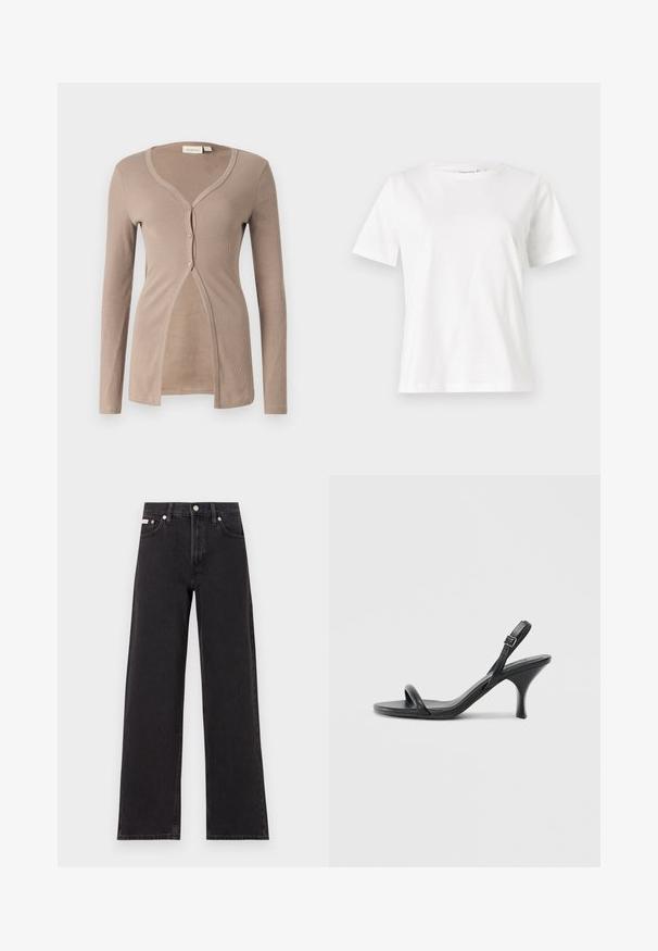 Beez ribaga kardigan pikaeste, V-kaelusega ja viie nupuga sulguriga. Omab pehmet tekstuuri ja esimest avamist, et tagada mugav lõike.; Valge puuvillane T-särk lühikeste varrukatega, ümmarguse kaelusega ja vabalt istuv. Sile tekstuur, ilma mustrite ja aktsentideta, minimalistik disain.; Mustad laiad mustad teksad, millel on kõrge vöökoht, viie tasku stiil ja metallist nööpkinnitus kontrastsete õmblustega.; Mustad nahast kõrgete kontsadega sandaalid, millel on saledad, kõverad kontsad ja ristatud rihma disain. Reguleeritav pahkluu rihm. Sile tekstuur.