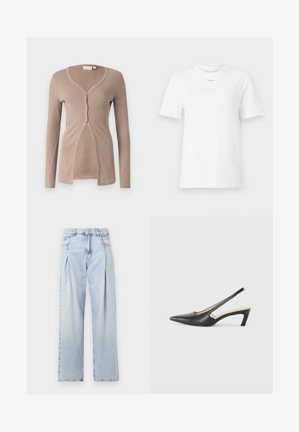 Cardigan beige à côtes avec des manches longues, col en V et fermeture à cinq boutons. Il présente une texture douce et un design à ouverture frontale pour un ajustement décontracté.; T-shirt en coton blanc avec un col rond, des manches courtes et un petit logo noir "Calvin Klein" sur la poitrine. Design simple, sans motifs.; Jeans en denim bleu clair avec taille haute, coupe large, deux poches latérales et design plissé. Texture douce avec une finition décolorée.; Slingback noir à bout pointu avec un petit talon, en cuir lisse et doté d'un design découpé sur le côté pour plus de respirabilité.