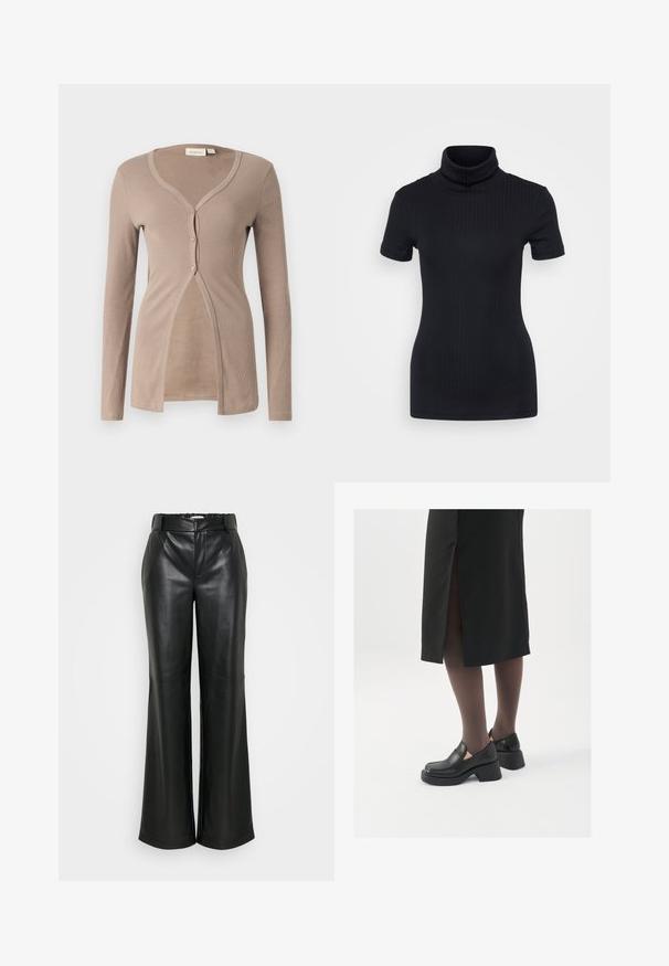 Beige bordás kardigán hosszú ujjakkal, V-nyakkal és öt gombos záródással. Puha tapintású, és elöl nyitott kialakítású, amely kényelmes illeszkedést biztosít.; Fekete bordás garbó, rövid ujjú, testhez simuló dizájn, puha tapintás, minimális varrásokkal és magas gallérral.; ONLY Tall ONLSMOOTH WIDE - Nadrágok - black; Fekete bőr cipők lekerekített orral, vastag blokk sarkakkal és elasztikus oldalsó díszítésekkel, sötét harisnyával és hasítékkal ellátott fekete szoknyával párosítva.