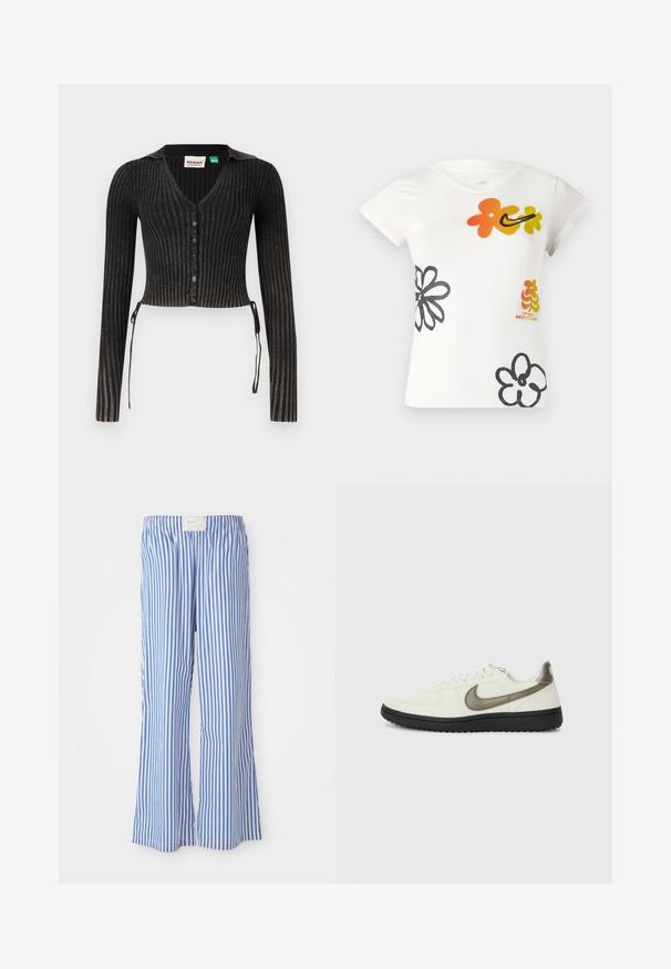 Črna rebrasta skrajšana jopica z dolgimi rokavi, V-izrezom, gumbnim zapiranjem in stranskimi vezmi. Ima teksturiran pleten vzorec.; Bela kratka majica s kratkimi rokavi, ki vsebuje barvite cvetlične vzorce v oranžni, rumeni in črni barvi. Narejena iz mehke mešanice bombaža z V-izrezom.; Modre in bele črtaste hlače s sproščenim krojem, izdelane iz lahkega materiala, z elastičnim pasom in diskretno oznako logotipa.; Nike Sportswear FIELD GENERAL - Športni copati - off-white/black