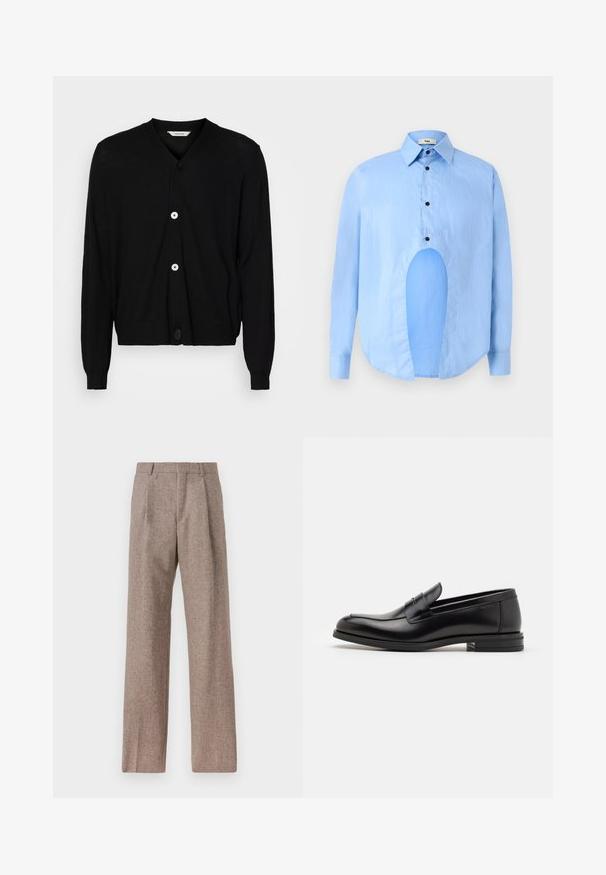 Musta villatakki kevyestä kankaasta, jossa on V-pääntie, pitkät hihat ja viisi pyöreää nappia edessä. Suora rakenne.; Vaaleansininen pitkähiha shirtti, jossa on terävä kaulus, mustat napit ja ainutlaatuinen aukko edessä erottuvan muotoilun vuoksi.; Ruskejat, korkeavyötäröiset housut, jotka on valmistettu teksturoidusta kankaasta. Ominaisuuksina ovat leveät lahkeet ja kaksi etupuolelle ommeltua laskosta rakenteen tukemiseksi. Siisti viimeistely ilman näkyvää metalliosaa.; Mustat nahkakengät, joissa on sileä pinta, pyöreä kärki ja koristeellinen nauha jalkapöydän yli. Matala pinoitu koroke, minimalistinen muotoilu.