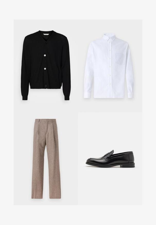 Fekete kardigán könnyű anyagból, V-nyakkal, hosszú ujjakkal és öt kerek gombbal az elején. Sima felület.; Fehér, hosszú ujjú, gombos ing pamutból, mellzsebbel, tónusos hímzéssel, gallérral és gombos mandzsettával.; Barna, magas derekú nadrág texturált anyagból. Széles szárai és két elülső redője biztosítja a struktúrát. Ízléses kivitel, látható fémszerelés nélkül.; Fekete bőr loaferek sima textúrával, kerek orral és dekoratív pánttal a vampnál. Alacsony, rétegelt sarkú, minimalista dizájn.