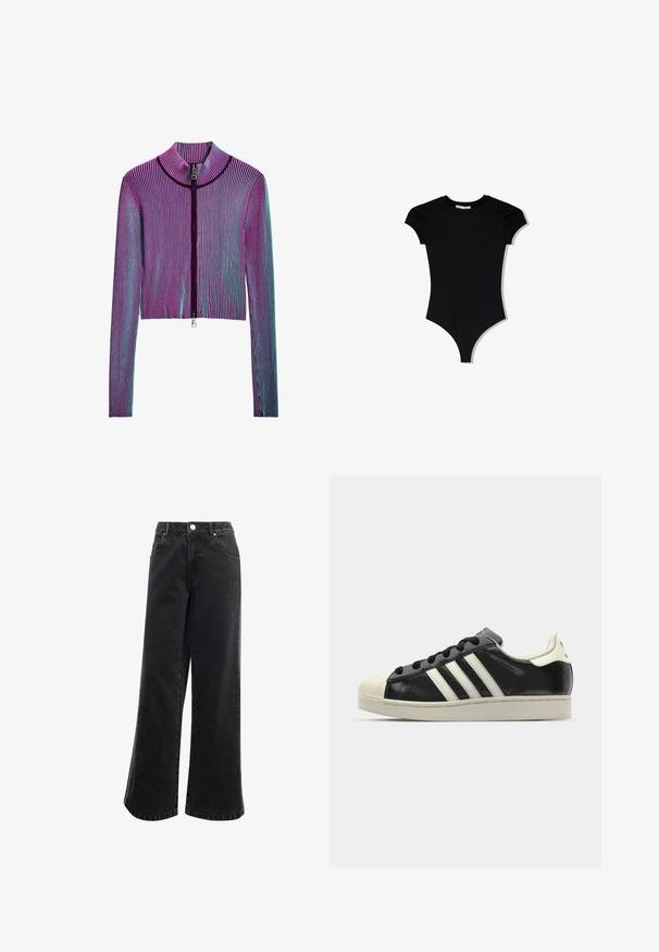 Zkrátená bunda na zips s dlhými rukávmi v viacfarebnom rebrovanom vzore s ružovými, fialovými a modrými pruhmi. Strieborný zips na prednej strane.; Čierny body s krátkym rukávom a okrúhlym výstrihom, s vysokými výstrihmi na nohách, vyrobený z hladkej, elastickej látky.; Džínsy s vysokým pásom a širokými nohavicami v čiernej farbe, s gombíkovým zapínaním, piatimi vreckami a malým vyšitým logom na prednej strane. Štruktúrovaná látka.; Čierne kožené tenisky s bielymi pruhmi, gumenou špičkou, čiernymi šnúrkami a krémovobielou podrážkou. Hladký povrch s lesklým finišom.