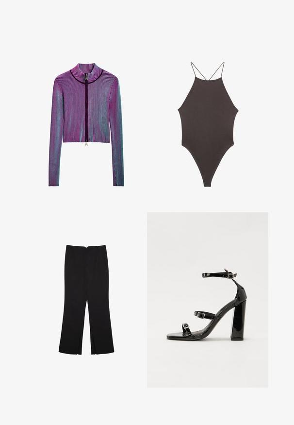 Krótka kurtka na zamek błyskawiczny z długimi rękawami w wielokolorowy prążkowany wzór z różowymi, fioletowymi i niebieskimi paskami. Srebrny zamek z przodu.; Brązowy jednoczęściowy kostium kąpielowy z wysokim dekoltem i cienkimi, regulowanymi ramiączkami; charakteryzuje się wysokim krojem nogawek i gładką teksturą. Bez wzorów ani ozdób.; Czarne spodnie o prostym kroju, z przednimi kieszeniami i bocznymi rozcięciami na dole. Wykonane z miękkiego, gładkiego materiału. Odpowiednie na różne okazje.; Czarne lakierowane sandały na obcasie z kwadratowym noskiem, z paskami wokół kostki i srebrnymi klamrami. Posiadają masywny słupek dla stabilności.