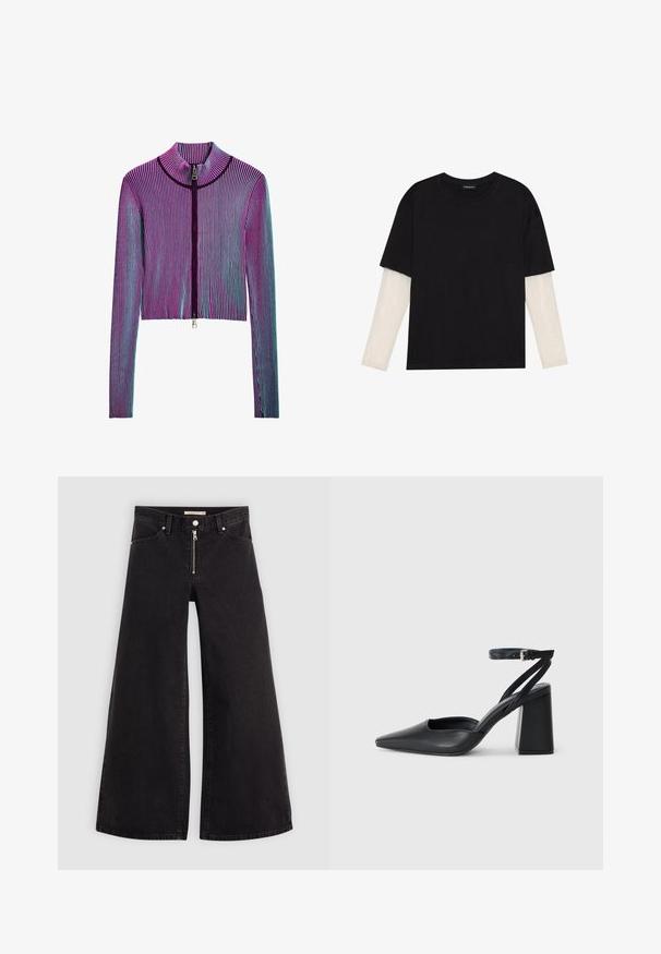 Cropped zip-up jacket with long sleeves in multicolored ribbed pattern featuring pink, purple, and blue stripes. Silver zipper detail at front.; Black T-shirt made of cotton, featuring short sleeves over a white long-sleeve layer with a subtle textured pattern. Crew neckline design.; Wide-leg jeans in black denim with a zippered front, five-pocket design, and subtle stitching details. Smooth texture and casual style.; Black leather pointy-toe pump with an ankle strap and a chunky heel. Flat texture, sleek design, and minimalistic aesthetics.