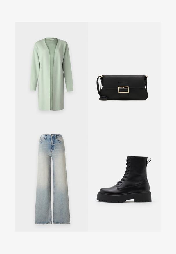 Ilgas atviras kardiganas švelnios, tekstūruotos šviesiai žalios spalvos medžiagos. turi ilgus rankovėmis ir laisvą siluetą, be uždarymo.; Juodas ilgomis rankovėmis megztinis, pagamintas iš lygaus audinio, su apvaliomis iškirptėmis ir raukiniais pečių ir rankogalių srityse.; Šviesiai mėlynus plačius džinsus, pagamintus iš džinsinio audinio, su aukštu liemeniu, penkiomis kišenėmis ir matomais siūlėmis.; Juodos odinės aulinukės su apvalia nosimi, raišteliais priekyje ir storesniu guminio pado apačioje su tekstūruotu raštu. Priekyje yra kilputė.; Juodas odinis dėkliukas su atvarteliu ir auksinės metalinės sagties detalėmis. Įeina juodas diržas ir elegantiškas, minimalistinis dizainas.; Aukso spalvos žiedo auskarai, ploni ir apvalūs, su lygiu metaliniu paviršiumi be papuošimų ar raštų.