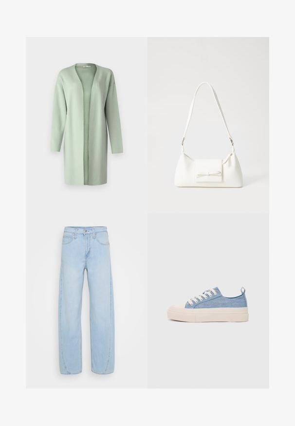 Dolga, odprta kardigan jakna iz mehkega, teksturiranega svetlo zelene tkanine. Ima dolge rokave in sproščen kroj brez zapiranja.; Srebrna bluza z dolgimi rokavi in okroglim izrezom, z izrezom spodaj. Narejena iz teksturiranega materiala, z oprijetim krojem in razširjenimi rokavi.; Svijetloplave traperice širokog kroja, izrađene od denima, s visokim strukom, pet džepova i kontrastnim šavovima duž šavova.; Svetlo modri platneni športni copati z kremnim gumijastim zaščitnikom na prstih in podplatom, z belimi vezalkami in zanko na peti.; Bela sintetična torbica v obliki trikotnika, z ravnim sprednjim poklopcem in detajlom mašne, nastavljivim trakom, gladko teksturo in minimalističnim dizajnom.