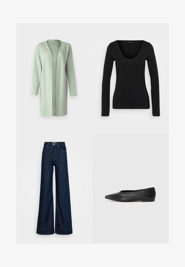 Μακρύ, ανοιχτό μπροστινό κάρντιγκαν από μαλακό, υφασμένο ελαφρύ πράσινο ύφασμα. Διαθέτει μακριά μανίκια και χαλαρή εφαρμογή χωρίς κλείσιμο.; Μαύρη μακρυμάνικη μπλούζα από μαλακό ύφασμα. Διαθέτει V-λαιμόκοψη και εφαρμοστή σιλουέτα, με λεία υφή και ελάχιστες ραφές.; Σκούρες μπλε ψηλόμεσες φαρδιές τζίν με μπροστινές τσέπες, θηλιές ζώνης, κλείσιμο με κουμπί και ορατές ραφές σε λευκό φόντο.; Μαύρη δερμάτινη μπαλαρίνα, αιχμηρή μύτη, μινιμαλιστικός σχεδιασμός, λεία υφή, χαμηλή τακούνι, χωρίς ορατό υλικό ή διακοσμήσεις.