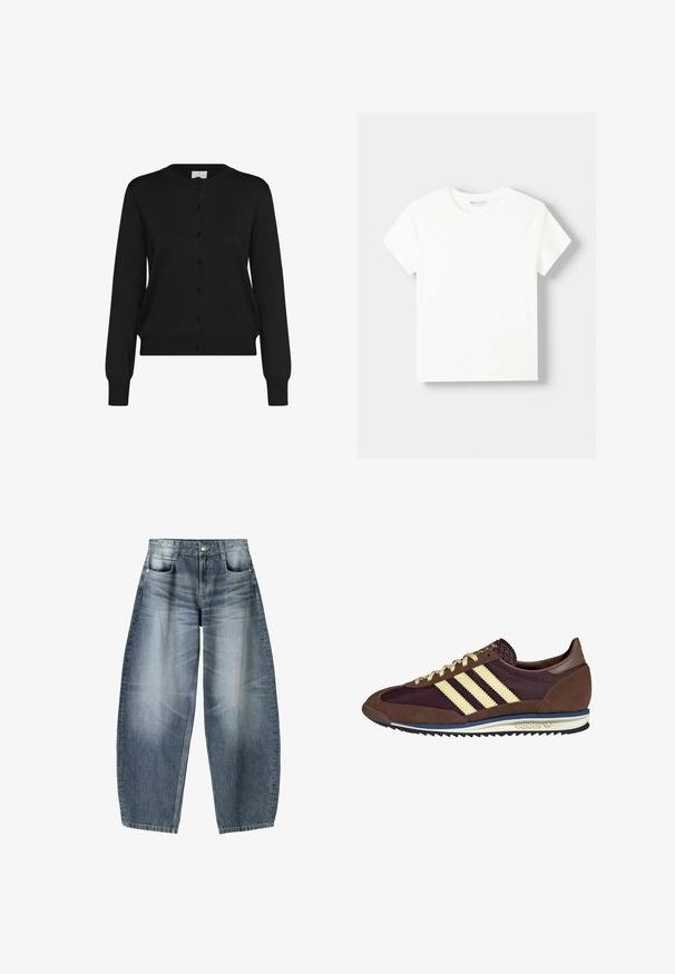 Černý kardigan vyrobený z měkkého materiálu, s dlouhými rukávy, kulatým výstřihem a zapínáním na šest shodných knoflíků.; Bílý bavlněný tričko s kulatým výstřihem a krátkými rukávy. Jednoduchý design, hladká textura, žádné vzory ani ozdoby.; Džínsy s širokými nohavicemi vyrobené z světle modrého denimového materiálu s vybledlým vzhledem, s pěti kapsami, zapínáním na knoflík a minimálními stehy.; Hnědé a burgundské tenisky z semiše a síťoviny, s třemi krémovými pruhy, texturovaným materiálem na jazyku a gumovou podrážkou.