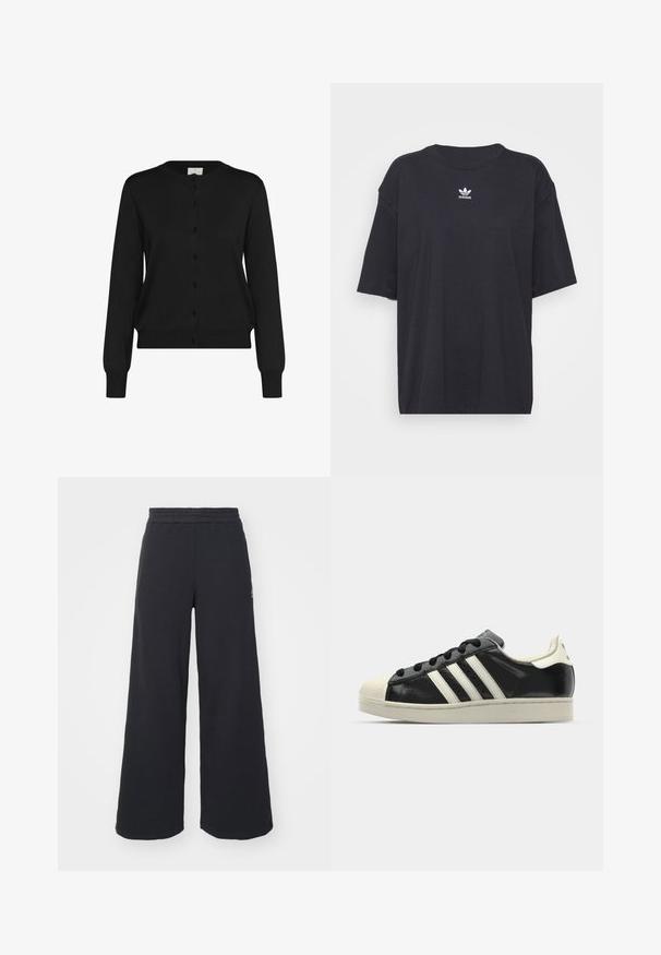 Gilet noir en tissu doux, avec des manches longues, un col rond et un devant à boutons avec six boutons assortis.; T-shirt en coton noir à manches courtes, col rond, avec un logo Adidas blanc sur la poitrine. Design simple, coupe décontractée.; Pantalons de survêtement larges noirs en tissu doux, dotés d'une taille élastique et d'un petit logo sur le côté gauche.; Baskets en cuir noir avec des rayures blanches, embout en caoutchouc, lacets noirs et semelle extérieure crème. Texture lisse avec une finition brillante.