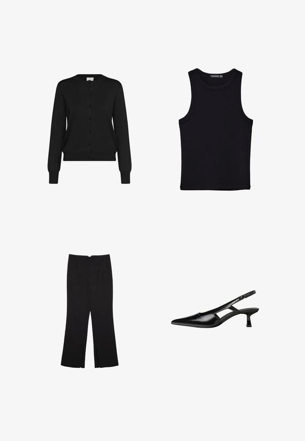 Crna kardigan napravljena od mekog materijala, s dugim rukavima, okruglim izrezom i prednjim kopčanjem na gumbe s šest usklađenih dugmadi.; Crni top bez rukava od pamuka, s okruglim izrezom i širokim izrezima za ruke. Glatka tekstura s ušivenim rubovima. Klasičan, minimalistički dizajn.; Crne hlače ravnog kroja, s prednjim džepovima i bočnim prorezima na rubu. Izrađene od mekog i glatkog materijala. Pogodne za razne prigode.; Crne lakirane natikače na remenčić sa špicastim nosom, dizajnom sa izrezima sa strane i malim kvadratnim potplatom. Glatka tekstura s minimalnim akcentima.
