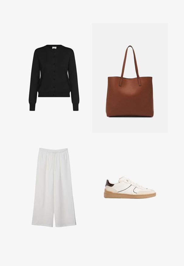 Schwarze Strickjacke aus weichem Stoff, mit langen Ärmeln, einem runden Ausschnitt und einer durchgehenden Knopfleiste mit sechs passenden Knöpfen.; Weißes T-Shirt mit kurzen Ärmeln aus Baumwolle. Hat einen Rundhalsausschnitt und eine lockere Passform. Glatte Textur ohne sichtbare Muster oder Akzente.; Weiße, weit geschnittene Hosen aus leichtem Stoff, mit einem elastischen Bund und einem Zugband für eine verstellbare Passform. Glatte Textur.; Stradivarius Sneaker low - white; Braune Leder-Tote mit glatter Textur, offenem Oberteil und zwei Schulterriemen. Verfügt über minimale Nähte und keine sichtbaren Beschläge.