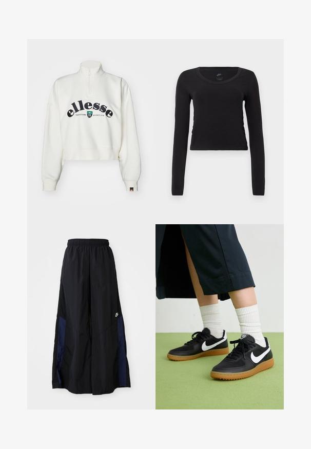 Ellesse GENTIYA - Mikina - off white; Černé bavlněné tričko s dlouhým rukávem a zkráceným střihem. Má kulatý výstřih a jemné detailní nařasení na bocích pro přiléhavý vzhled.; Černé kalhoty širokého střihu vyrobené z lehkého materiálu, s námořnickou modrou bočním panelem a elastickým pasem. Malé bílé logo na spodní části.; Černé kožené a syntetické tenisky s bílým logem Nike, gumovou podrážkou, kulatou špičkou a černými tkaničkami. Viditelné žebrované bílé ponožky.