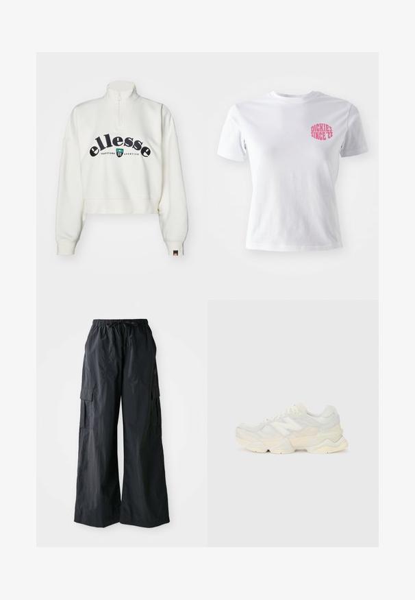 Ellesse GENTIYA - Sportinis megztinis - off white; Balta medvilnės marškinėliai trumpomis rankovėmis, su rožine grafika kairėje krūtinės pusėje, užrašyta "DICKIES SINCE '22". Klasikinio apvalaus iškirpimo dizainas.; Juodos kargo kelnės, pagamintos iš lengvos medžiagos, su plačiomis kojomis, elastingu juosmeniu ir keliais šoniais kišenėmis. Paprastos ir funkcionalios.; Lengvas sportinis batelis su tinklinio ir zomšinės viršutine dalimi švelniu kremo atspalviu, turi masyvų pado dizainą ir trimatį akcentą.