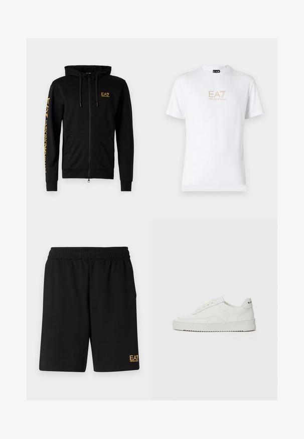 Melnā kapucēta džemperis ar rāvējslēdzēju, izgatavots no mīksta auduma. Tam ir kapuce, priekšējās kabatas un dzeltenais uzdrukātais logotips uz krūtīm un piedurknes.; Balta kokvilnas t-kreklā ar apaļu kakla izgriezumu un īsām piedurknēm, ar zeltītu EA7 Emporio Armani logotipu uz priekša.; Melnas sporta šortus, kas izgatavoti no mīksta auduma, ar elastīgu jostu un mazu dzeltenu EA7 logo zem kreisā kājas stūra.; Baltas ādas sneakers ar gludu virsmu, apaļu pirkstu daļu, plakaniem šņorēm un teksturētu zoli. Satur diskrētu logotipu uz papēža.
