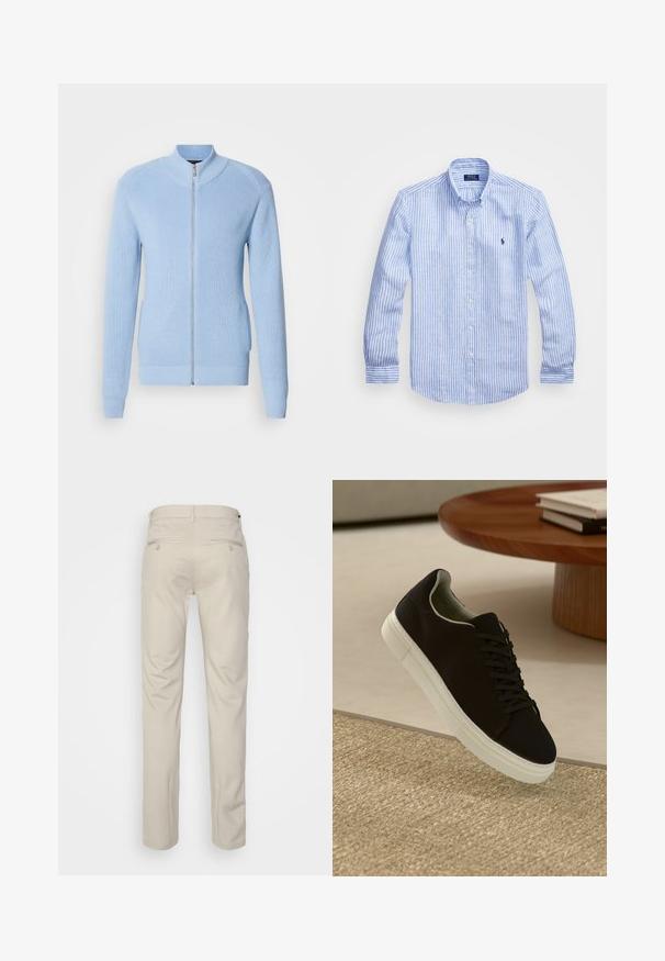 Svijetloplava zip-up dukserica s rebrastom teksturom, visokim ovratnikom i dugim rukavima. Ima ravni rub i bočne džepove.; Plava i bijela prugasta košulja dugih rukava od pamuka, s ovratnikom na dugmad, prednjim dugmadi i malim izvezenim logom na prsima.; Bež hlače s glatkom teksturom, ravnog kroja, dva stražnja džepa s gumbima i standardnim pojasom.; Crna tenisica s bijelim potplatom koja lebdi iznad bež teksturiranog tepiha pored okruglog drvenog stola sa složenim knjigama.