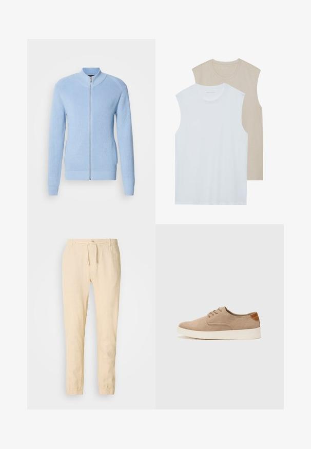 Sweat à zip bleu clair avec un motif côtelé, col haut et manches longues. Il présente un ourlet droit et des poches latérales.; Deux chemises sans manches : l'une blanche, l'autre beige clair. Les deux ont un encolure ras du cou et sont fabriquées dans un tissu doux et lisse avec une coupe décontractée.; Pantalons en lin beige clair avec taille à cordon, jambes fuselées et poignets élastiques. Design simple avec une texture subtile.; Baskets en daim beige avec un embout arrondi, un laçage sur le devant et un accent texturé à l'arrière. La semelle en caoutchouc blanche offre un contraste. Design simple et moderne.
