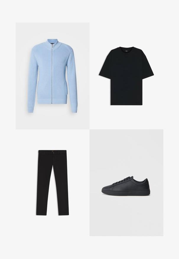 Lys blå zip-up sweater med ribbet struktur, høj krave og lange ærmer. Har en lige kant og sidelommer.; Sort bomuld t-shirt med rund halsudskæring og korte ærmer. Har en løs pasform og et enkelt design uden mønstre eller accenter.; Sorte bukser lavet af stof med en glat tekstur. Har en knaplukning, bæltestropper og sidelommer. Standard design med lige ben.; Sorte sneakers lavet af glat læder med lavtopdesign, rund tå og flad gummisål. Har snøringer og subtil branding.
