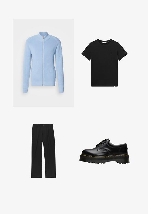 Lys blå zip-up sweater med ribbet struktur, høj krave og lange ærmer. Har en lige kant og sidelommer.; Sort kortærmet T-shirt lavet af bomuld, med rund hals og et lille logo broderet på brystet. Glat tekstur, standard pasform.; Sorte bukser med lige ben, lavet af et glat stof. Har frontfolder og en enkelt knaplukning i taljen.; Sorte læder snørebåndssko med en tykk, tandet sort gummisål og gul syning langs kanten, med en glat overflade.