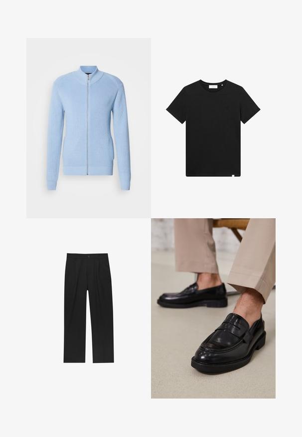 Hellblauer Reißverschluss-Pullover mit gerippter Textur, hohem Kragen und langen Ärmeln. Mit geradem Saum und seitlichen Taschen.; Schwarzes T-Shirt mit kurzen Ärmeln aus Baumwolle, mit Rundhalsausschnitt und einem kleinen, auf der Brust gestickten Logo. Glatte Textur, normale Passform.; Schwarze Hose mit geradem Schnitt, aus einem glatten Stoff gefertigt. Verfügt über Vorderfalten und einen einzelnen Knopfverschluss an der Taille.; Schwarze Lederloafers mit glatter Oberfläche, ausgestattet mit einem dekorativen Riemen und Kontrastnähten, kombiniert mit beigen Hosen.