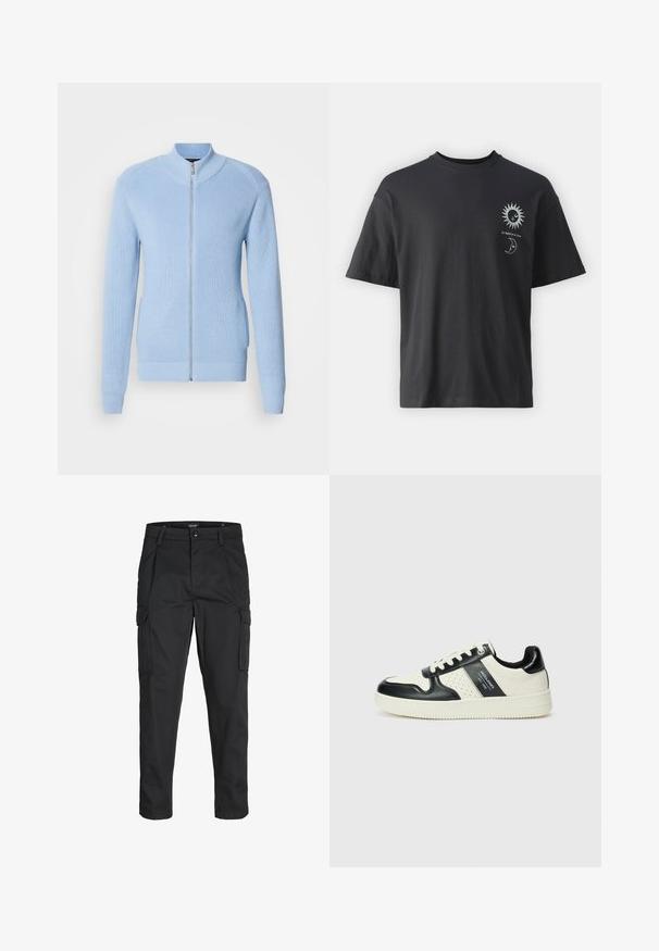 Lichtblauwe zip-up sweater met ribbeltextuur, hoge kraag en lange mouwen. Heeft een rechte zoom en zijzakken.; Zwarte katoenen t-shirt met korte mouwen, ronde hals en voorop afbeeldingen van een zon en maan, vergezeld van de tekst "Le Soleil et La Lune."; Zwarte cargobroek van stevig stof, met meerdere zakken, een knoopsluiting en een slim fit ontwerp met taps toelopende benen.; Leren sneakers met een zwart en crèmekleurig kleurenschema, voorzien van geperforeerde accenten, een gevoerde kraag en een gestructureerde buitenzool.