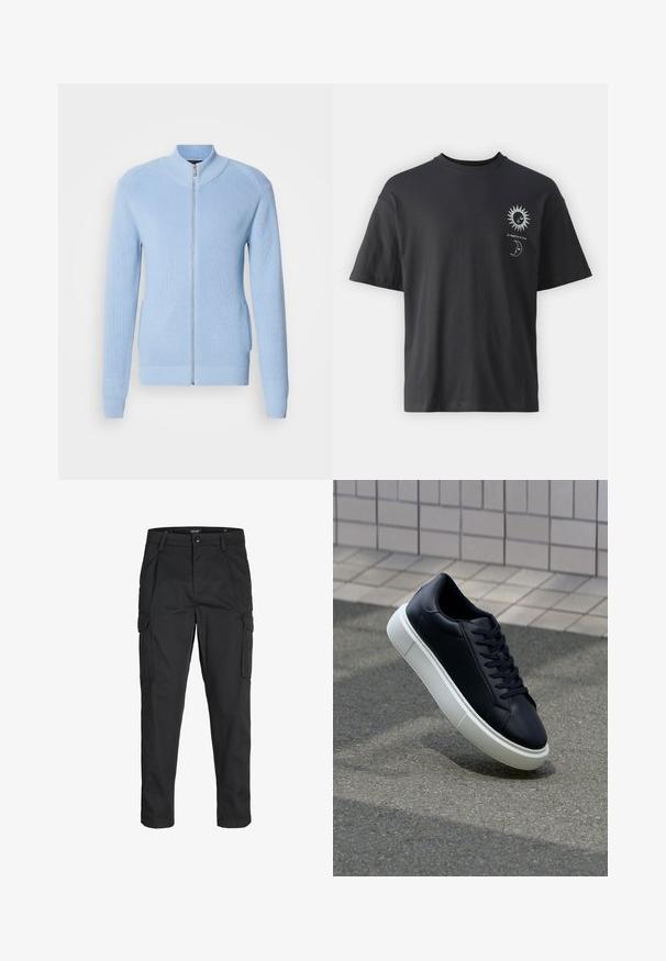 Világoskék, cipzáros pulóver bordázott textúrával, magas gallérral és hosszú ujjakkal. Egyenes alja és oldalsó zsebei vannak.; Fekete pamut póló rövid ujjakkal, kerek nyakkal, elől nap és hold grafikával, mellette a "Le Soleil et La Lune" szöveggel.; Fekete cargo nadrág, amely tartós anyagból készült, több zsebet tartalmaz, gombos záródással rendelkezik, és karcsú szabású, szűkített lábakkal bír.; Fekete bőr sportcipő lekerekített orral és fehér gumitalppal. Lapos fűzőkkel és minimális varrásokkal rendelkezik a felsőrészén. Mintás talp a tapadásért.