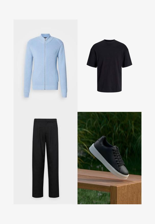Maglione zip-up azzurro chiaro con texture a costine, colletto alto e maniche lunghe. Presenta un orlo dritto e tasche laterali.; T-shirt in cotone nero con collo rotondo, maniche corte e vestibilità morbida. Texture liscia senza pattern o dettagli visibili.; Pantaloni neri realizzati in tessuto liscio, caratterizzati da un taglio dritto, due pieghe frontali e una vita standard con passanti per la cintura.; Sneaker in pelle nera con una texture liscia, suola in gomma bianca e sei grommet per i lacci, posizionata su una superficie di legno.