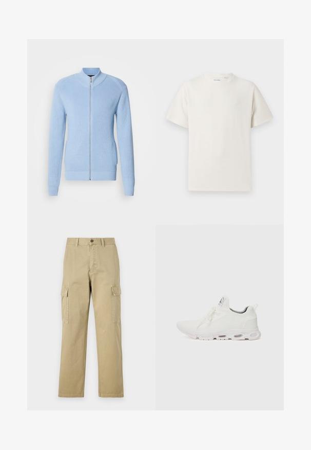 Gaiši zila rāvējslēdzēja džemperis ar ribotu tekstūru, augstu apkakli un garām piedurknēm. Tam ir taisna apakša un sānu kabatas.; Balta krūštura īsām piedurknēm ar ribota auduma faktūru. Apaļš kakla izgriezums, brīvs griezums, bez redzamām rakstām vai akcentiem. Vienkāršs un daudzpusīgs dizains.; Beige kravas bikses no kokvilnas, kas aprīkotas ar divām sānu kabatām, pogu aizdari un taisnām kājām ar nedaudz teksturētu audumu.; Baltas sporta apavi ar teksturētu adītu augšdaļu, platiem auklām un mīkstinātu zoli ar redzamām gaisa kamerām papildu atbalstam.