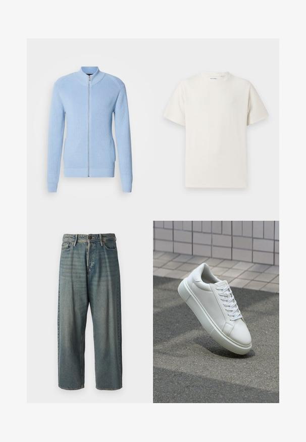 Light blue zip-up sweater with ribbed texture, high collar, and long sleeves. Features a straight hem and side pockets.; White short-sleeve T-shirt in a ribbed texture. Round neckline, relaxed fit, no visible patterns or accents. Simple and versatile design.; Light blue denim jeans with a loose fit, mid-rise waist, and straight legs. Features five pockets, belt loops, and a button closure.; White leather sneaker with a smooth surface, round toe, and flat white laces. Features a textured rubber sole and minimal design elements.