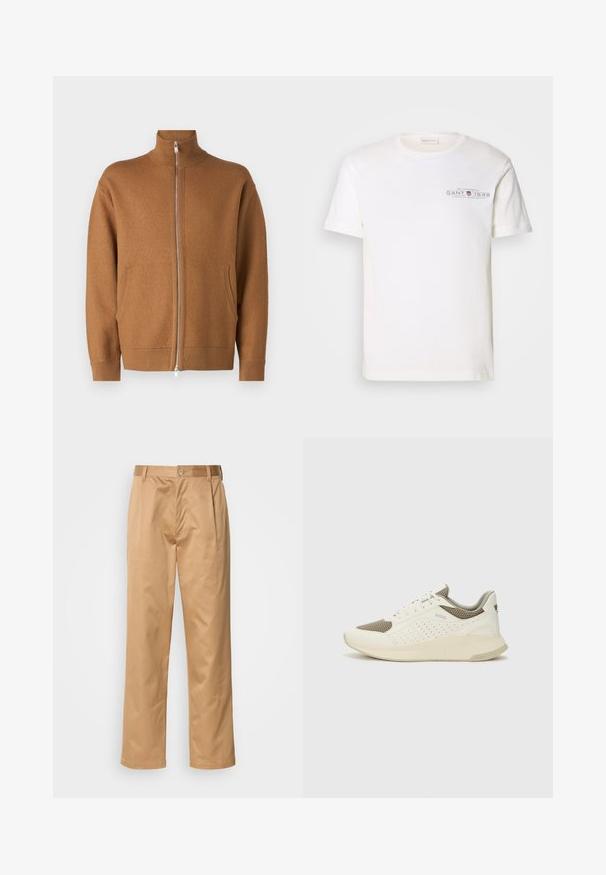 Braune Zip-Jacke aus strukturiertem Stoff, mit hohem Kragen, zwei seitlichen Taschen und gerippten Bündchen am Saum und an den Ärmeln.; Weißes Baumwoll-T-Shirt mit Rundhalsausschnitt, kurzen Ärmeln und einem bedruckten Logo. Verfügt über ein minimalistisches Design und eine lockere Passform.; Khaki-Hosen aus Baumwollmischung, im geraden Schnitt, mit Vorderfalten, Gürtelschlaufen und Knopfverschluss. Glatte Textur ohne Muster.; Weiße und hellbeige Sport Sneakers, ausgestattet mit einem Obermaterial aus Netzgewebe, perforierten Details und einer strukturierten Zwischensohle mit Branding an der Ferse.