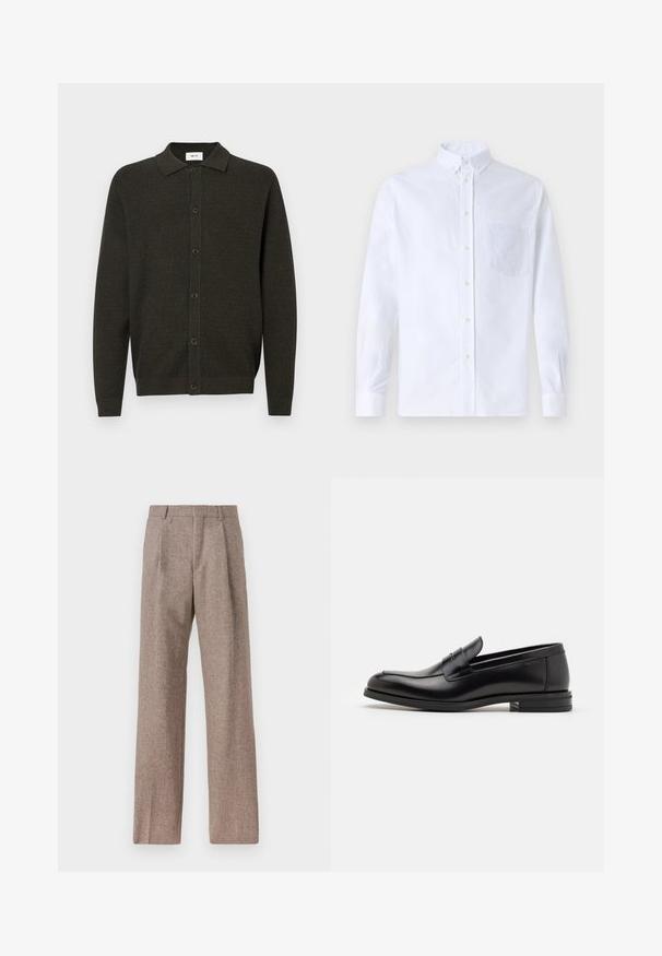 Tumes roheline pikakä sleeves neeliga kudumiskardigan, kus on kuus esipaneeli nuppu, peene tekstuuri mustriga ning ribakujuline ääre ja varrukad.; Valge pikamaa varrukatega nööbiga särk, mis on valmistatud puuvillast ja millel on rinna tasku toon-toonis brodeeringuga, krae ja nööbiga mansetid.; Prunnid, kõrge vöökohaga püksid, mis on valmistatud tekstureeritud kangast. Omavad laiu jalgu ja kahte eesmist voldikut struktuuri jaoks. Korralik viimistlus, ilma nähtava riistvarata.; Mustad mustad nahast loafers sileda tekstuuriga, ümarat ninaosa ja dekoratiivne riba vampi üle. Madal kihiline konts, minimalistlik disain.
